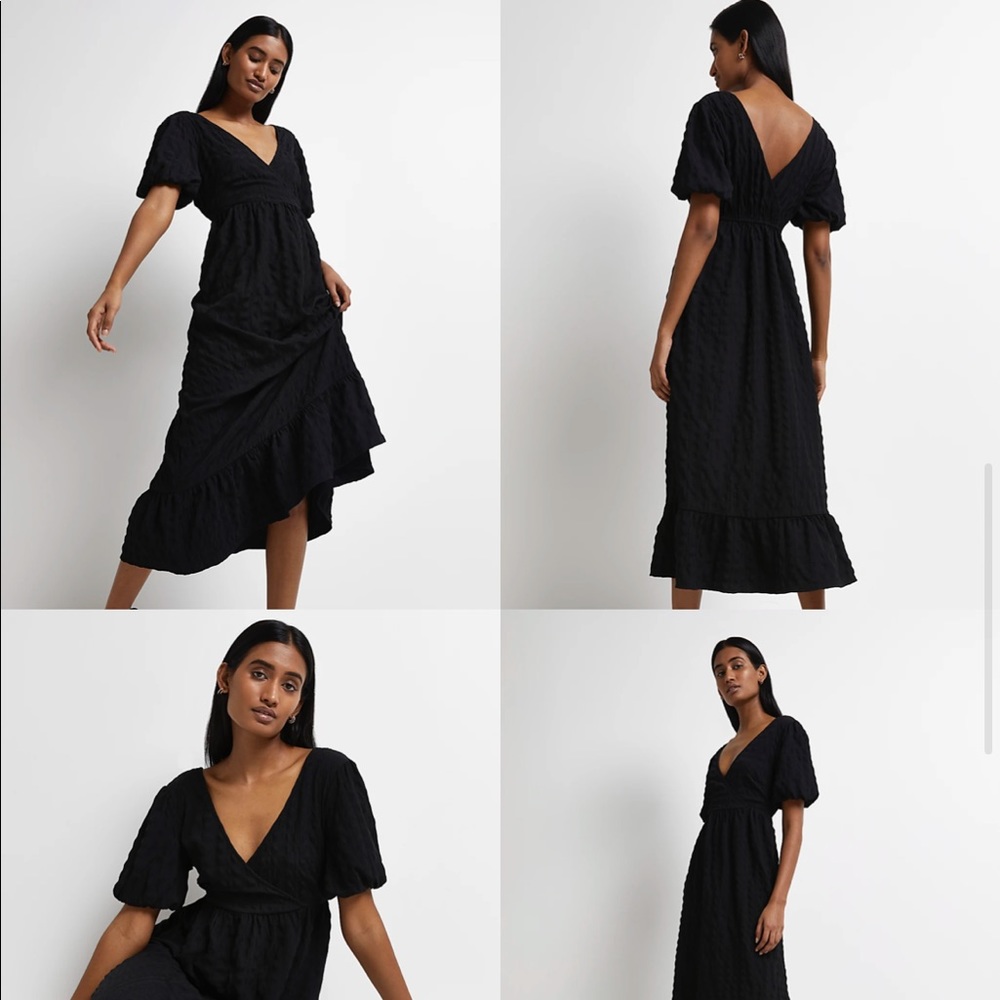 Black textured puff sleeve midi dress